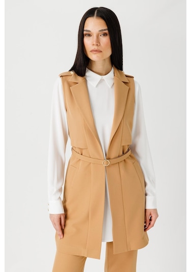 Aller Detaylı İnce Kemerli Yelek Pantolon Tunik Camel-camel Camel