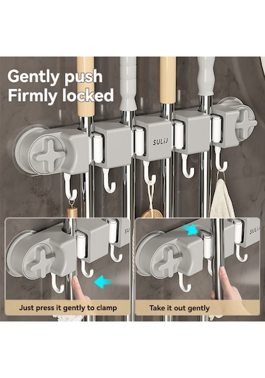 Xiyyadms Gri Güncellenmiş Dört Klipsli Süpürge Tutucu - Delme Yok Vakum Süspansiyonu İle Yüksek Taşıma Kapasitesi, Banyo Ve Mutfak İçin Su Geçirmez Depolama Rakımi Gri