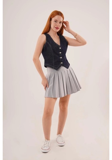 Düğme Ve Ön Dikiş Detaylı Lacivert Jean Yelek Lacivert