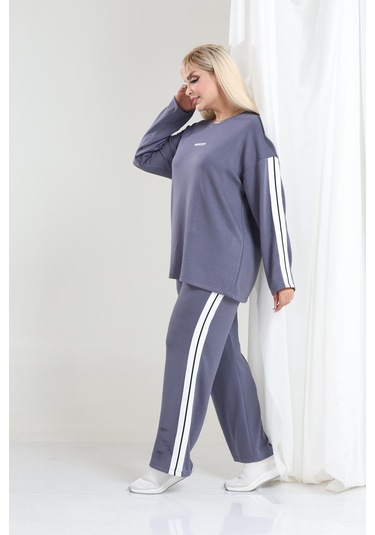 Kadın Büyük Beden Uzun Kollu Şerit Detaylı Oysho Tarzı Modal Kumaş Takım Gri