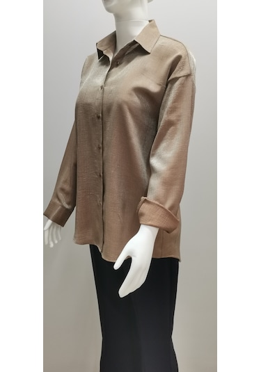 Kadın Uzun Kollu Düğmeli Salaş Parlak Dokuma Kumaş Kahve Rengi Kahverengi