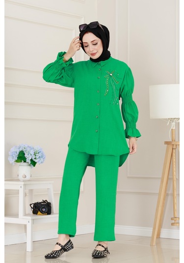 Önü Taşlı Kolu Lastikli İkili Takım-yeşil-5101 Yeşil