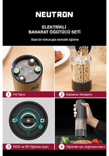 Neutron Ntl-pg-33d Pilli Tuz Ve Baharat Öğütücü Değirmen İkili Set Siyah
