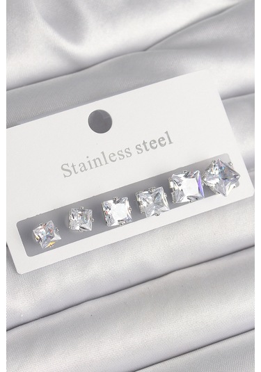 316l Çelik Gümüş Renk Kare Zirkon Taşlı Kadın Küpe Seti Çok Renkli