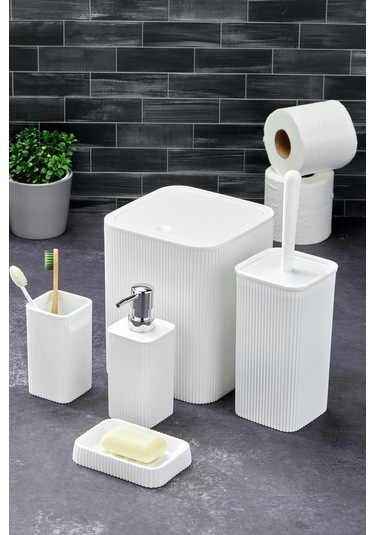 Line 5 Parça Kare Banyo Seti - Çöp Kovası Wc Fırçası Sıvı-katı Sabunluk Diş Fırçası Beyaz