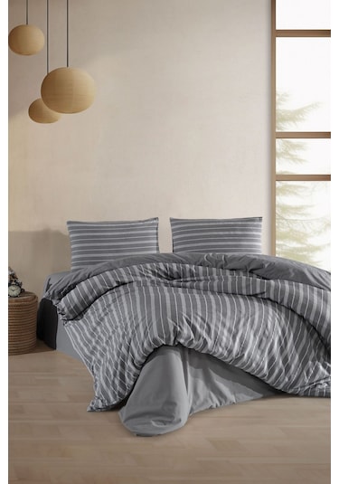 Varol Lastikli Saten Çizgili Çift Kişilik Nevresim Takım - Antrasit Antrasıt/cıftkısılık Antrasit