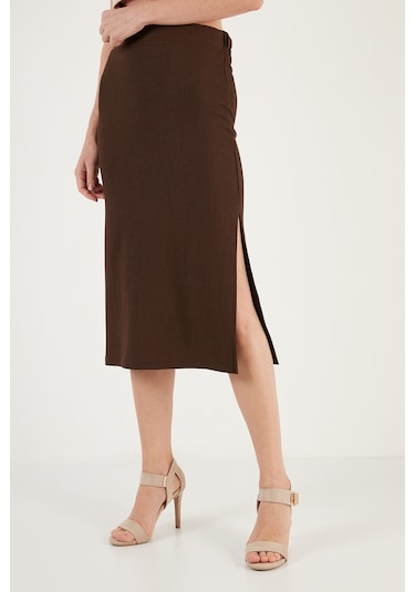 Lela Yüksek Bel Yırtmaçlı Dar Kesim Midi Bayan Etek 5865600 Kahve