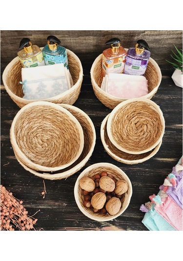 Nergis Hasır 7 Li Sepet Saklama Kutusu Sepet Takımı Krem