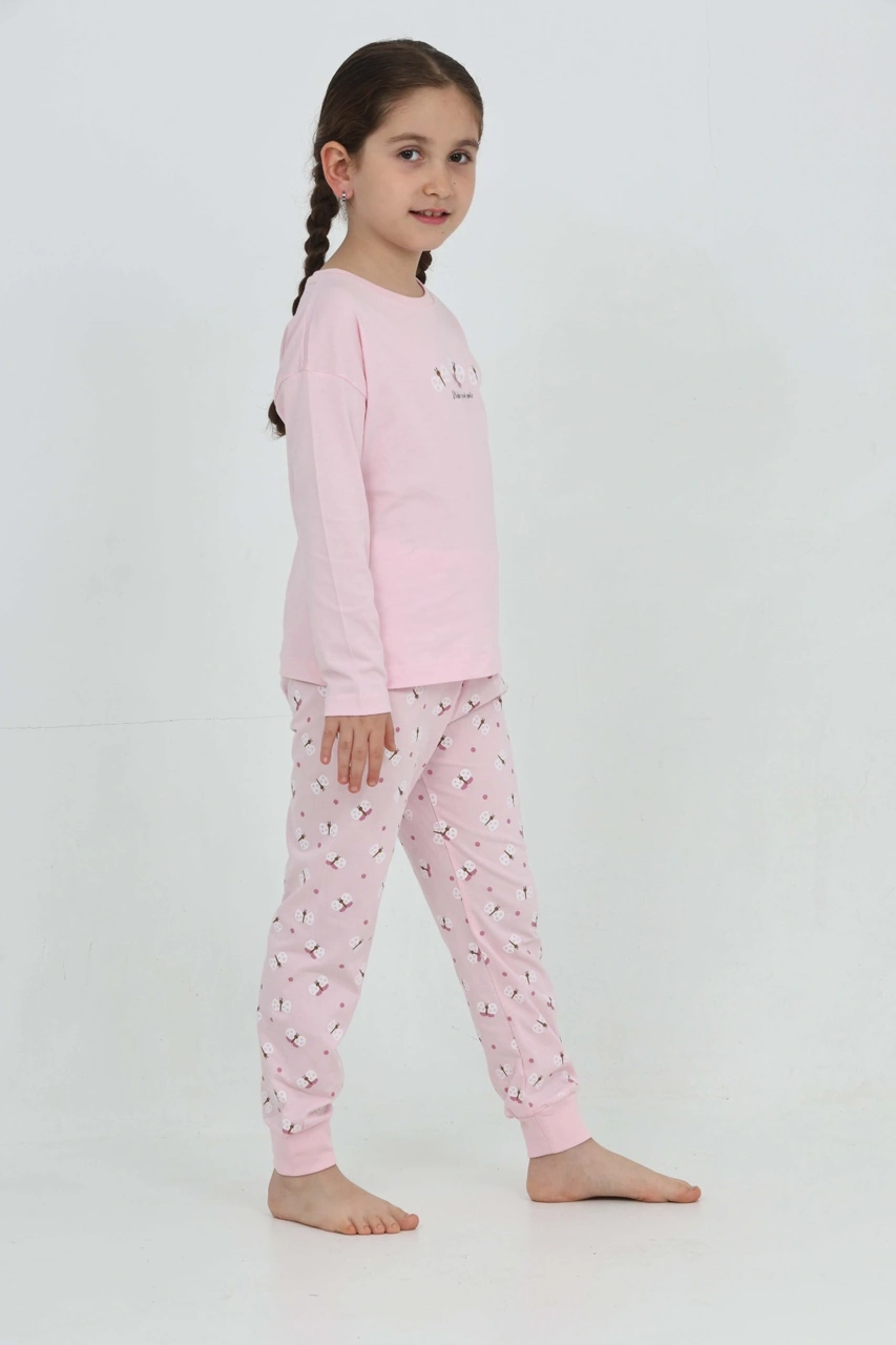 Toontoy Kız Çocuk Kelebek Baskılı Pijama Takım Açık Pembe