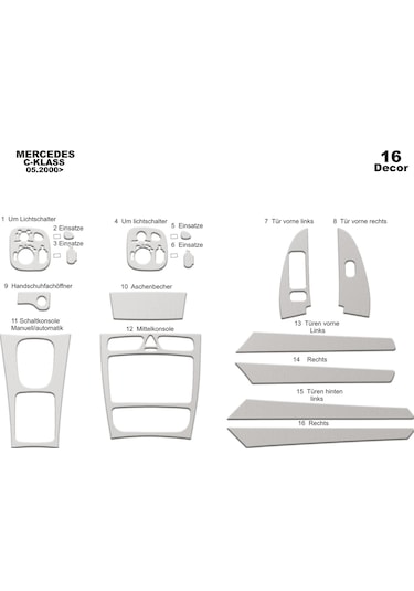 Mercedes C Serisi Konsol-torpido Kaplama 2000-2006 16 Parça-alüminyum Alüminyum