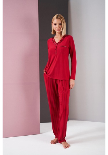 Pjs 26001 Kadın Saten Düğmeli Yaka Cepli Uzun Kollu Pijama Takım bordo