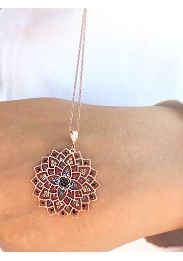 Brezza Lusso Jewelry Renkli Taşlı 925 Ayar Gümüş Yaşam Çiçeği Kadın Kolye (315699788) 45 CM