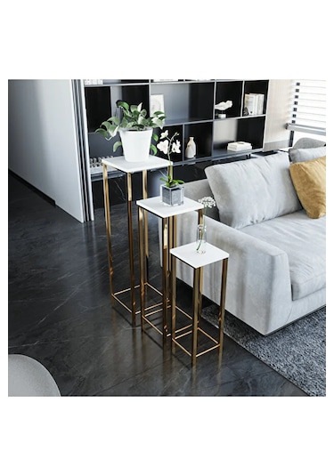 Dekoratif Saksılık 3lü Saksı Standı Gold Ayak Çok Amaçlı Metal Gold Ayaklı Yan Sehpa Saksılık Beyaz