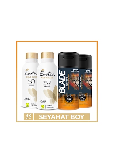 Emotion Gold Bliss Kadın Deodorant & Blade Night Fire Erkek Deodorant 4x90 Ml Seyahat Seti