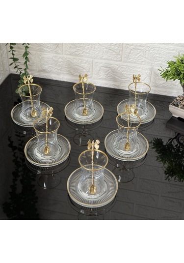 Çeyizci Çarşı 18 Parça Çay Seti Gold Kelebek Çay Kaşıklı 6 Bardak 6 Tabak 6 Kaşık Gold