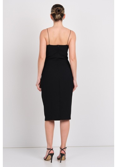 Explosion Kadın İp Asklı Beli Tokalı Midi Abiye Elbise 7818 Siyah Siyah