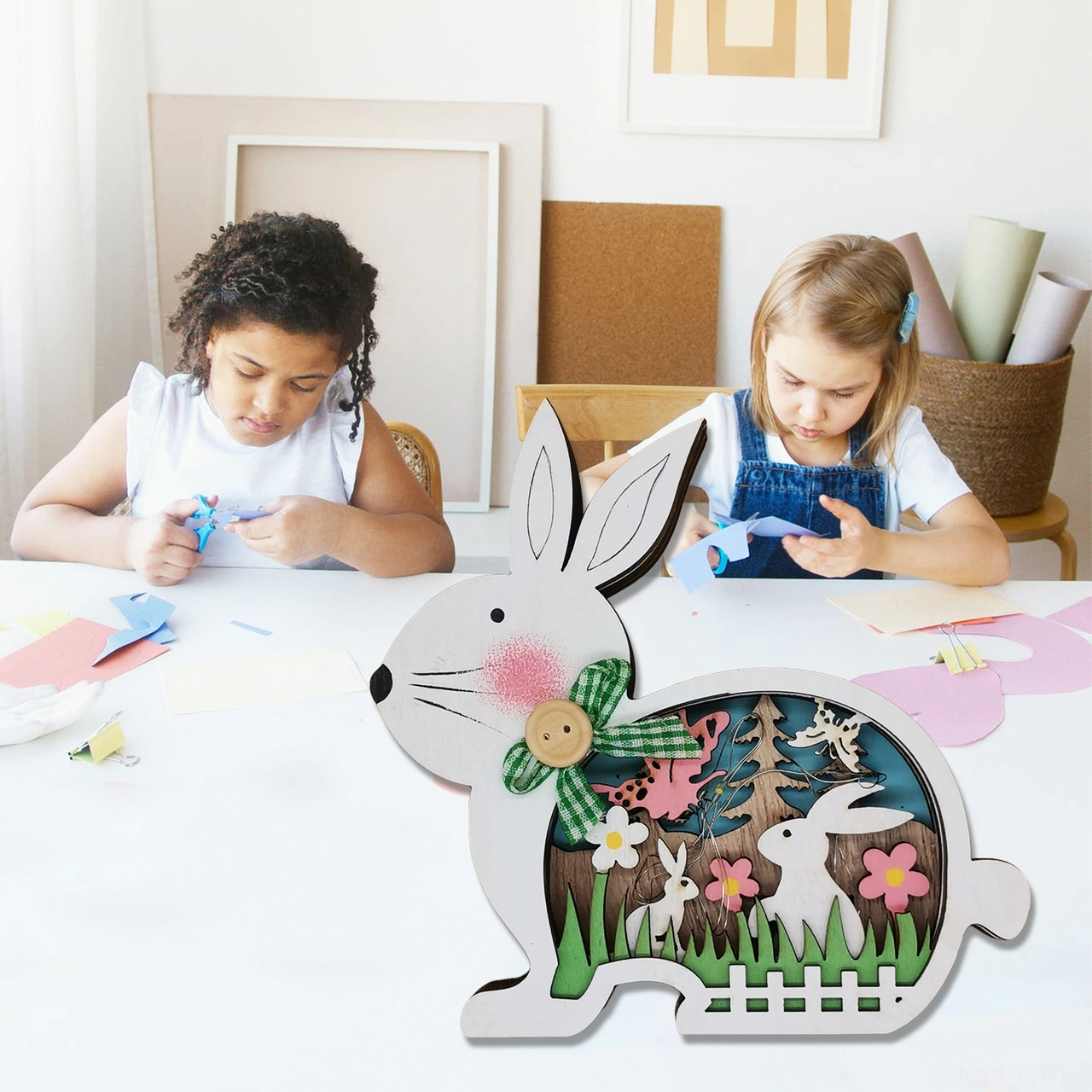 Folinda Led Işıklı Ahşap Paskalya Tavşanı Dekorasyon, Islak Işık Effekti İle Ev/parti/ofis Zenginleştirici 3 Adet Ag10 Pil Dahil