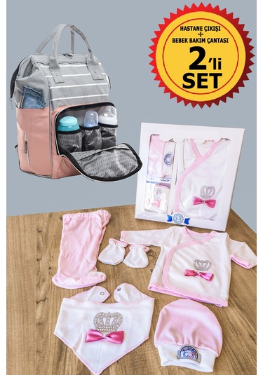 Bebek Bakım Çantası Ve 5 Parça Taşlı Hastane Çıkışı İkili Set Pembe