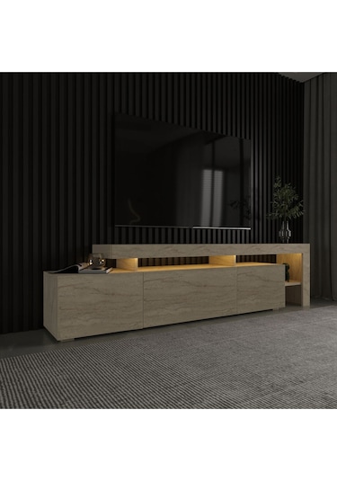 Beliz Modern LED Işıklı 3 Kapaklı, Raflı TV Sehpası – 192 cm, Traverten