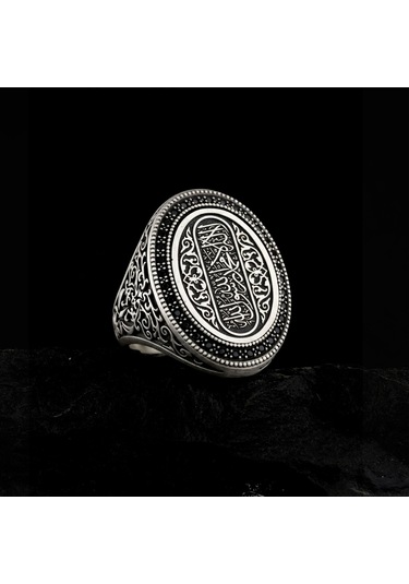 925 Ayar Kelime-i Tevhid Yazılı Taş İşlemeli Erkek Gümüş Yüzük Çok Renkli