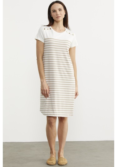 Düğme Detaylı Çizgili Penye Elbise - Vizon 001