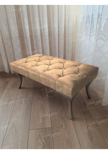 Kapitoneli Ayak Ucu Kapı Önü Antre Bench Puf Gümüş Ayak 110 45 Vizon