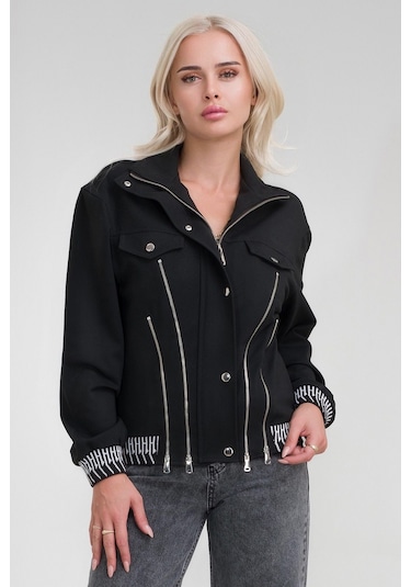 Bold & Young Kadın Viskon Polyester Likralı Kumaş Fermuar Aksesuarlı Kaşkorseli Cepli Ceket Siyah