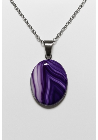 Erilsa Sertifikalı Oval Mor Akik Taşı Kolye Gümüş Aparatlı Doğal Şifa Çok Renkli