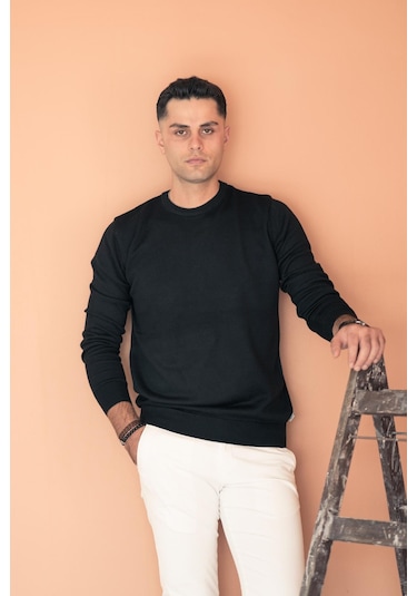 Sıfır Yaka Pamuklu Slimfit Basic Erkek Triko Kazak Siyah