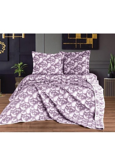 Çeyiz Diyarı Çift Kişilik Palmiye Çift Taraflı Yatak Örtüsü Takımı Mürdüm Mürdüm