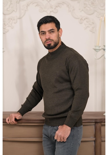 Woolen World Balıkçı Yaka Kalın Yünlü Erkek Triko Kazak Kahverengi