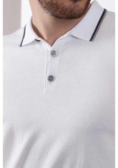 Ferraro Beyaz/Bej Yaka Şerit Düğmeli Erkek Pamuk Triko T-Shirt