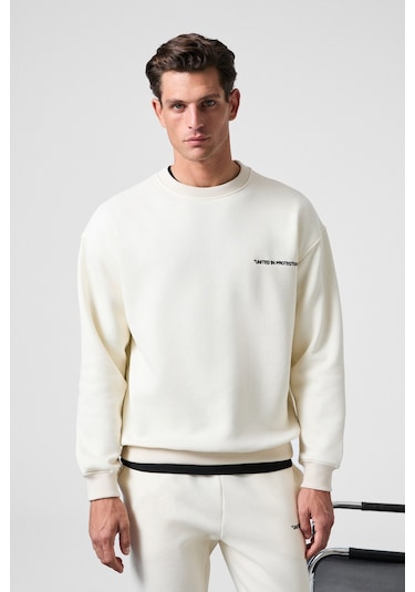 MARSHALL Erkek Pamuklu İçi Polarlı Nakışlı Relaxed Ekru Eşofman Takımı