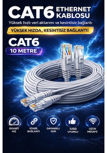 CAT6 Ethernet Kablosu 10m Gigabit LAN Kablosu Yüksek Hızlı İnternet Kablosu