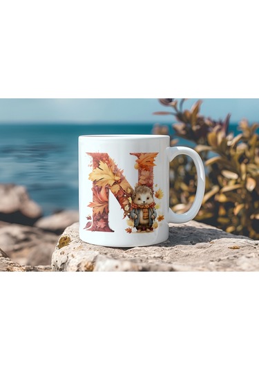N Harf Sonbahar Yaprak Temalı Kupa Bardak - Sevimli Figürler İle Alfabe Harfli Bardak - Kişiye Özel Beyaz