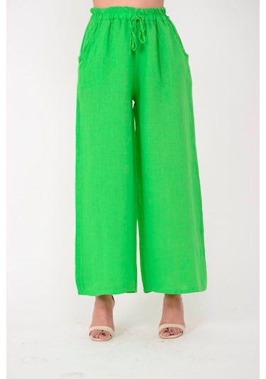 Park Moda 10375 Belden Bağlamalı Keten Pantolon Yeşil