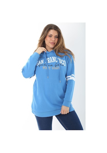Kadın Büyük Beden Mavi İçi Şardonlu Üç İplik Kapşonlu Sweatshirt 65n37464-mavi Mavi