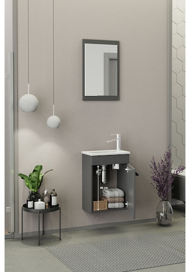 Biani Fix Arya Mini 42 Cm Banyo Dolabı,Seramik Lavabolu, Aynalı,Lavabo Dahil,Mdf,Mat Gri Biani Fix Arya Mini 42 Cm Banyo Dolabı,Seramik Lavabolu, Aynalı,Lavabo Dahil,Mdf,Mat Gri