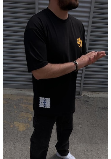 Erkek Bisiklet Yaka Baskılı Oversıze Siyah T-shirt Siyah