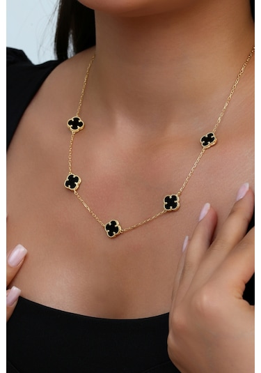 14k Altın Kaplamalı 925 Ayar Gümüş Granada Saray Yoncaları Kolye - Siyah Oniks 23182802 Altın