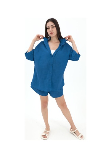 Pamuk Keten Şort Gömlek Kadın İkili Takım - Saksmavisi-saksmavisi Saks Mavisi