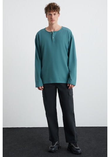 Lorenzo  Erkek Özel Rustik Dokulu %100 Organik Pamuk Düğme Detaylı Regular Yeşil Sweatshirt