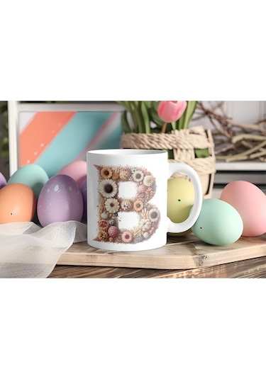 B Harfi Çiçek Desenli Kupa Bardak - Alfabe Harfleri İle Doğal Çiçekli Kupa - Hediye Fikir Beyaz