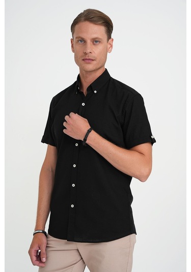 Comfort Fit Düğme Yaka Kısa Kol %100 Keten Düz Siyah Gömlek G 1596 Siyah