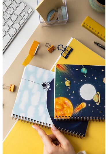 A5 Spiralli Karton Kapak 2 Li Set Çizgili Okul Defteri 80 Yaprak, Ders Programlı Galaksi
