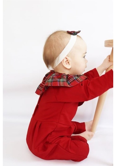 Kız Çocuk Kırmızı Ekose Yakalı Çıtçıt Detaylı Yılbaşı Tulum Salopet Tlm-0058 Kırmızı