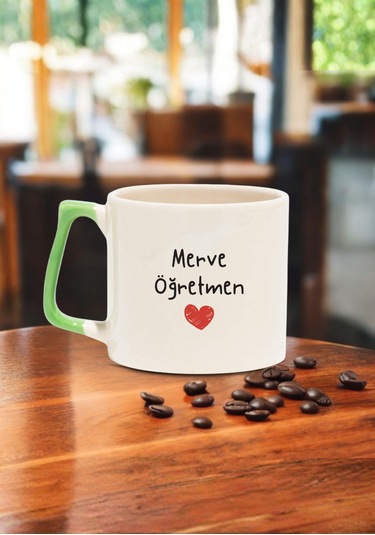 Öğretmenler Günü Kişiye Özel Renkli Kulplu Öğretmen Kupası Açık Yeşil