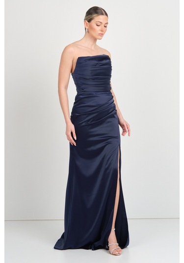 Doridorca Kadın Straplez Drapeli Saten Maxi Abiye Elbise 7051 Lacivert Lacivert