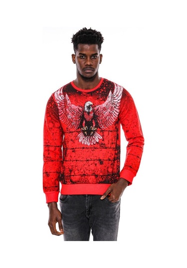 Wessi Kırmızı Baskılı Bisiklet Yaka Sweatshirt Kırmızı