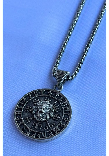 Aslanlı Vegvisir Pusula El İşçiliği Paslanmaz Çelik Zincir Erkek Kolye Gümüş